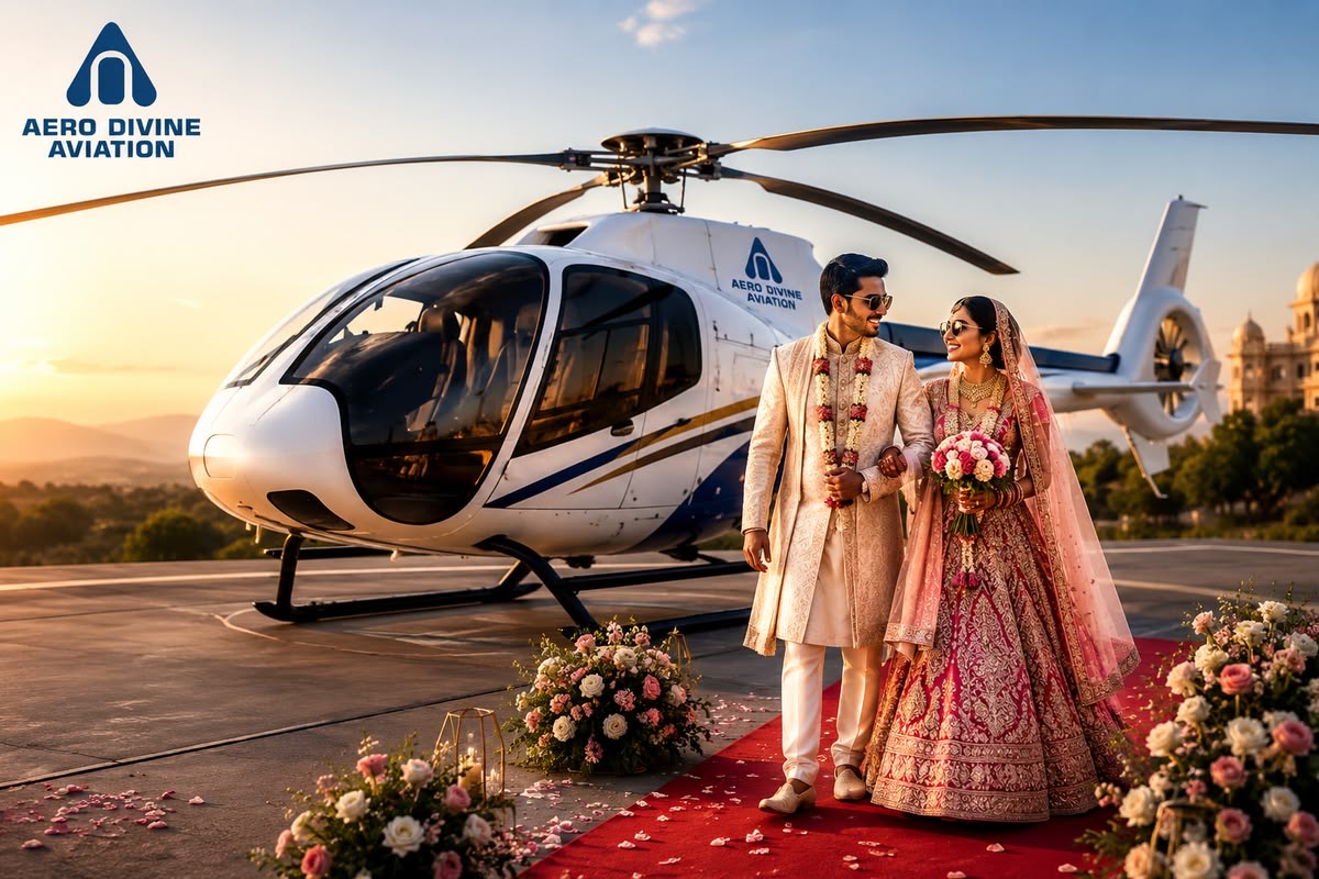 Luxury Indian wedding couple arriving by helicopter